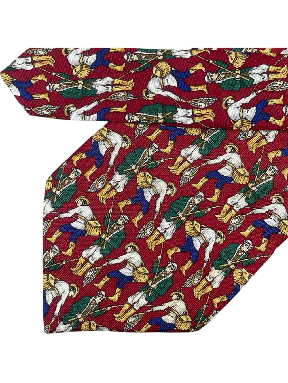 Vintage 417 By Van Heusen Americana Fisherman Pattern Tie USA Made Red AOP 56"